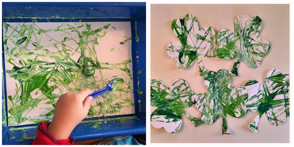 Art in the Preschool Classroom, Marble Painting Shamrocks for St. Patrick's Day