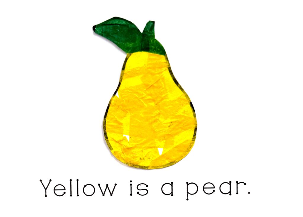 Yellow is a pear, yellow tissue paper with glue