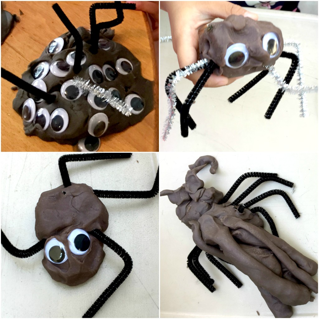 Black playdough, googly eyes, and pipecleaner spiders. 