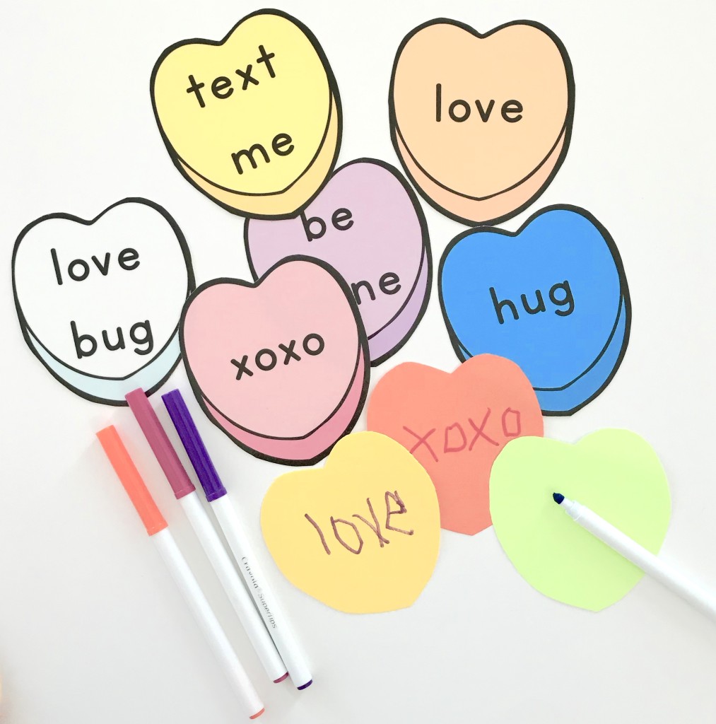 Conversation heart writing activity for Valentine's Day in the preschool classroom 