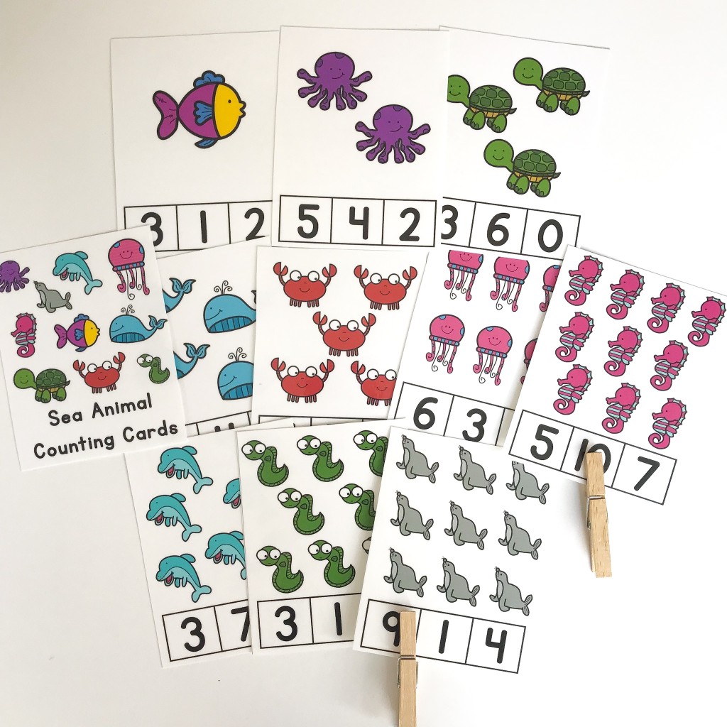 Preschool Sea Animals Activities - Sea animals counting clip cards 