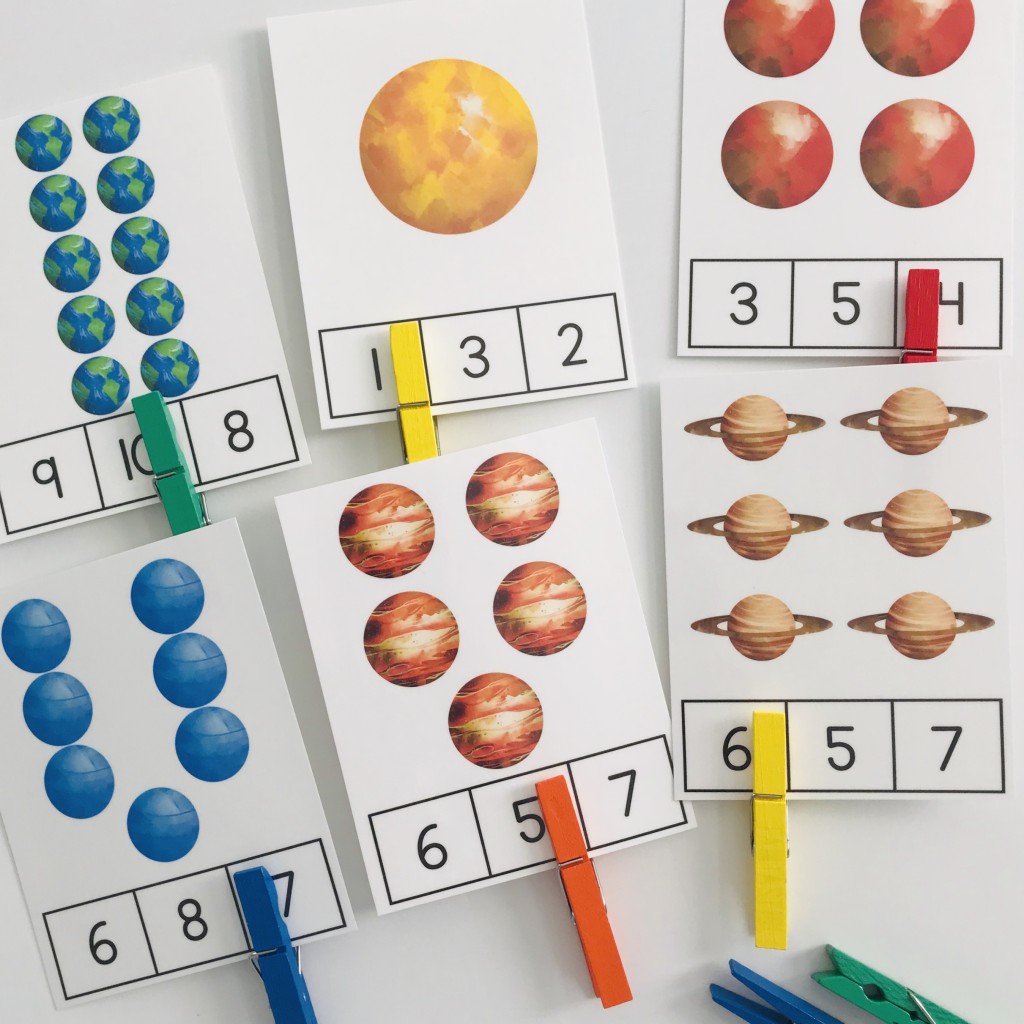 Space Activities for the Preschool Classroom Planet Count and Clip Cards 