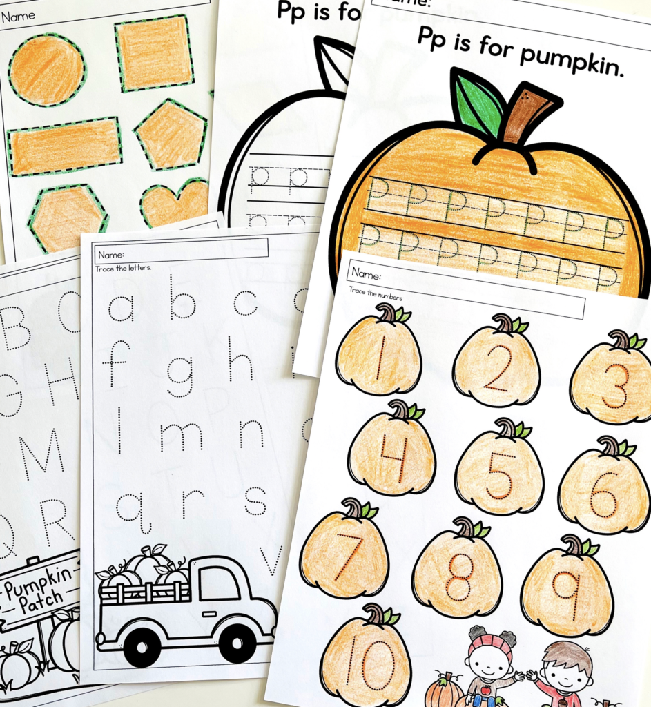 Pumpkin-themed shape, number, and letter tracing worksheets 