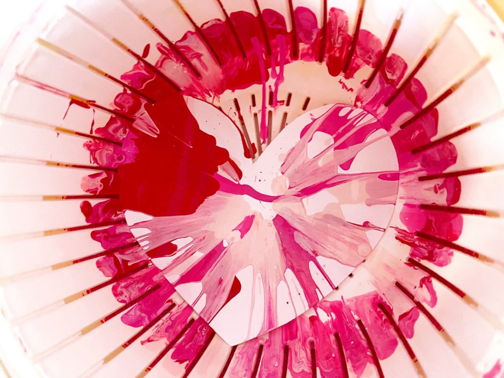 Salad Spinner Art - Valentine's Day Hearts with red, pink and, white paint