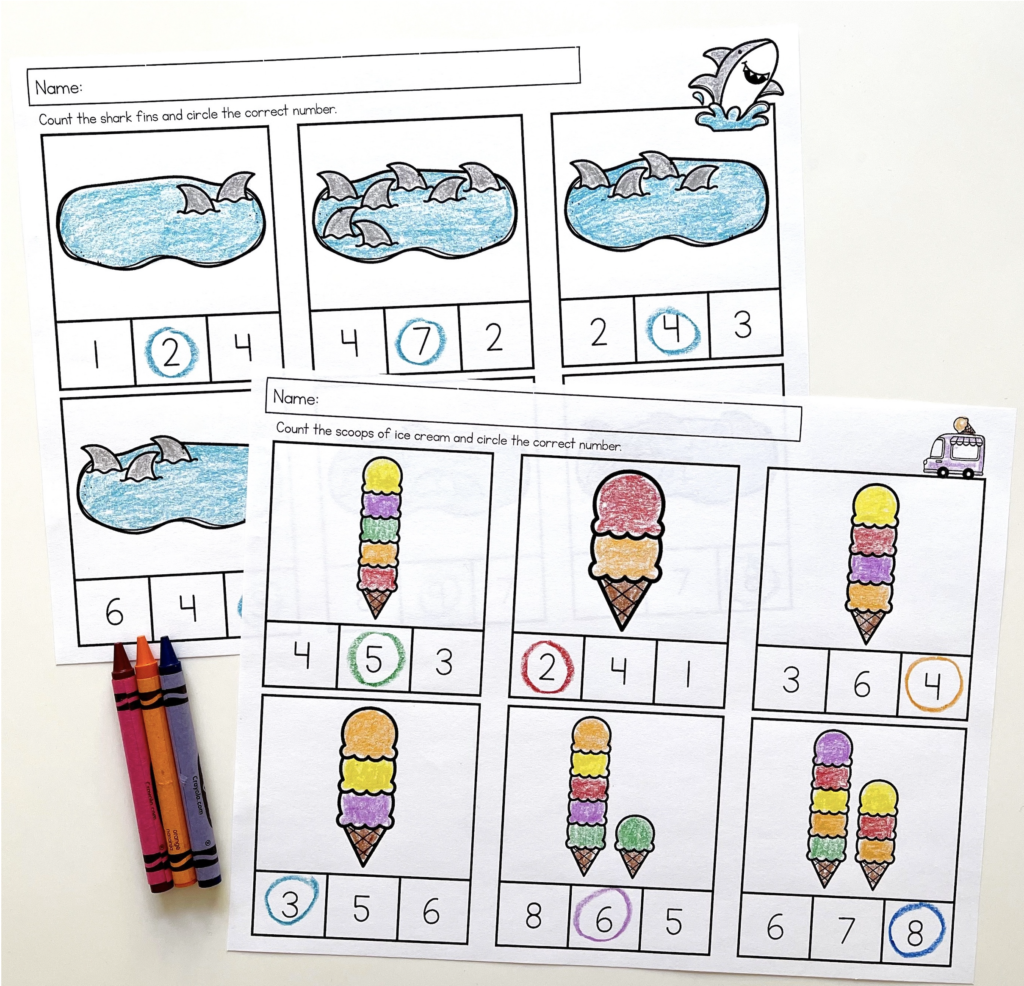 Preschool math worksheets, count and circle the correct numbers 