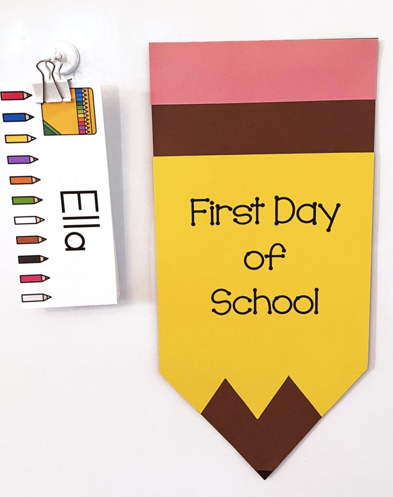 First day of school sign and student name tags. 