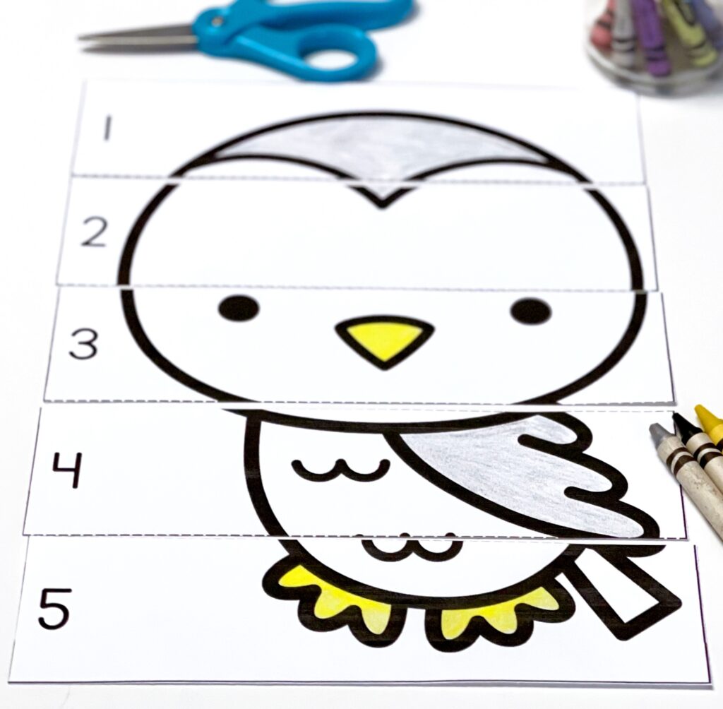 Snowy owl number puzzle colored and cut apart, 1-5 