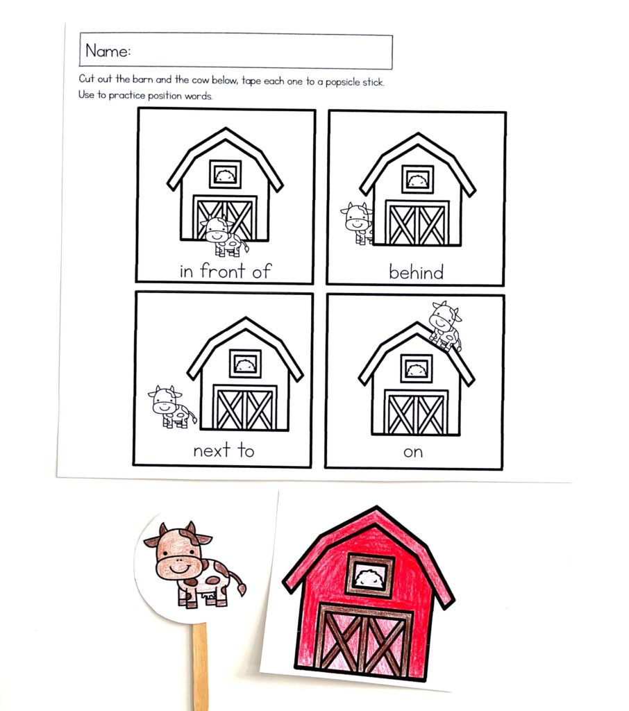 Barn and Cow Positional Words Worksheet Printable 