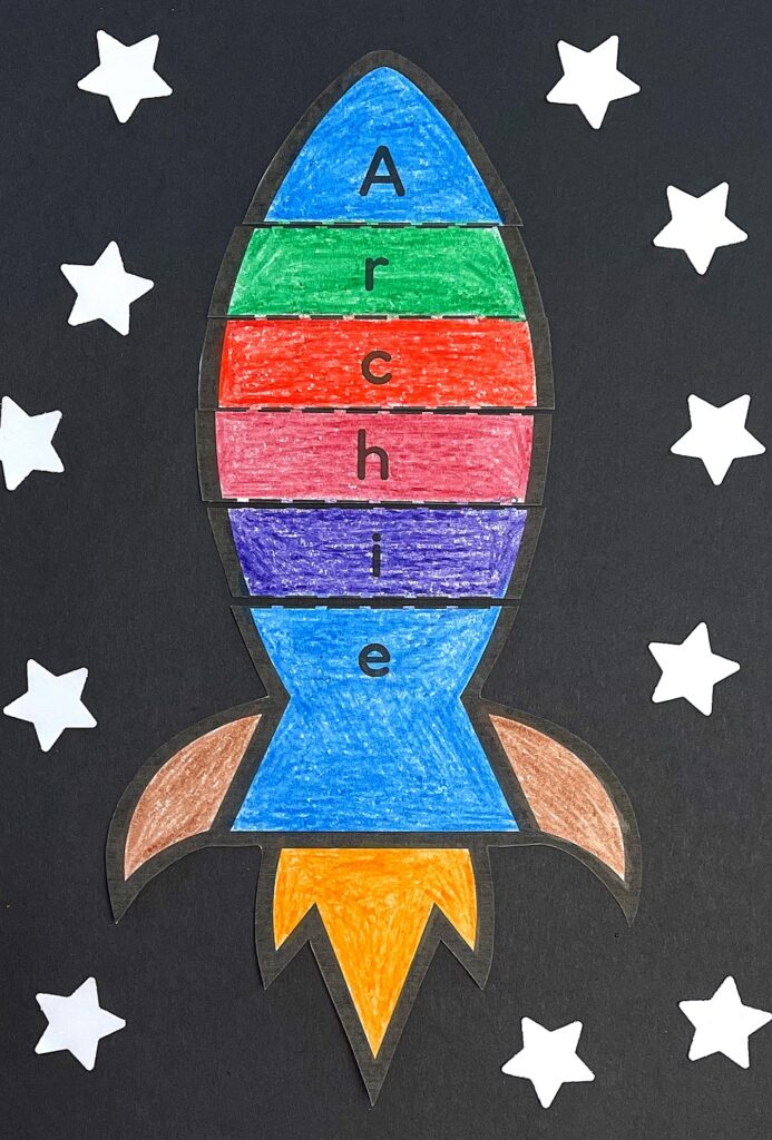 Preschool Rocket Craft - Editable name, scissor, and coloring activity