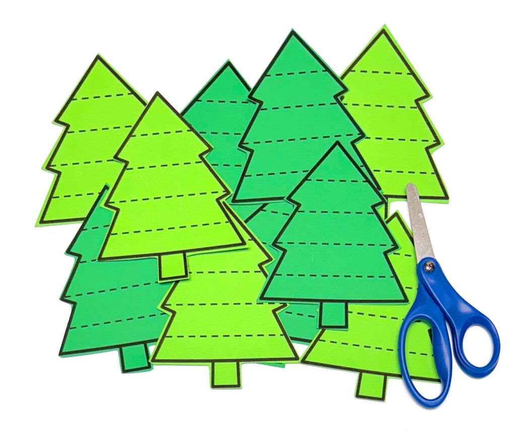 December Preschool Scissor Activity  Green Christmas trees with straight cutting lines 