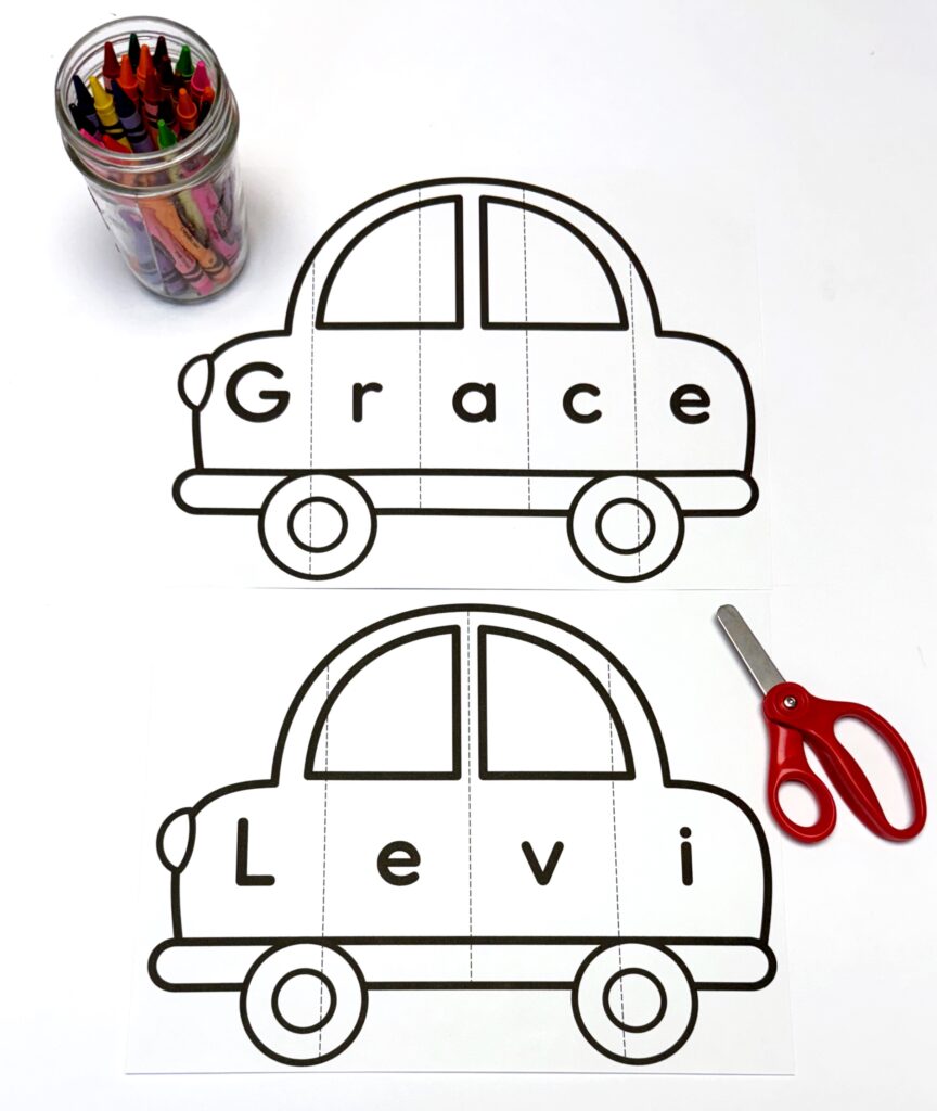 Car name craft printed on white paper to color