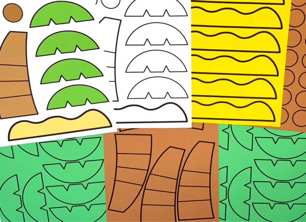 Print the coconut tree craft in color, black and white, and on colored construction paper. 