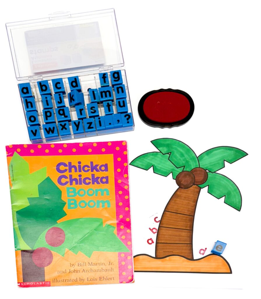 Alphabet stamps with coconut tree craft and Chicka Chicka Boom Boom