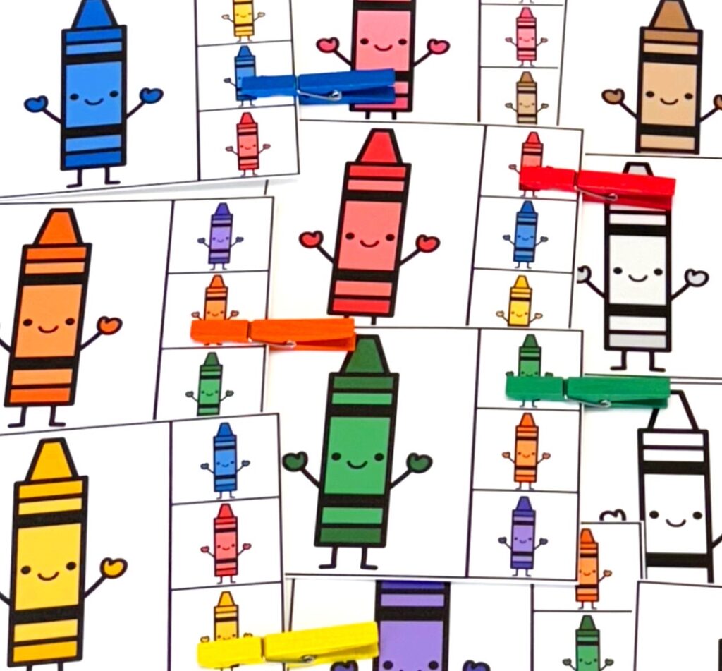 Crayon Clip Cards printed with clothespins. 