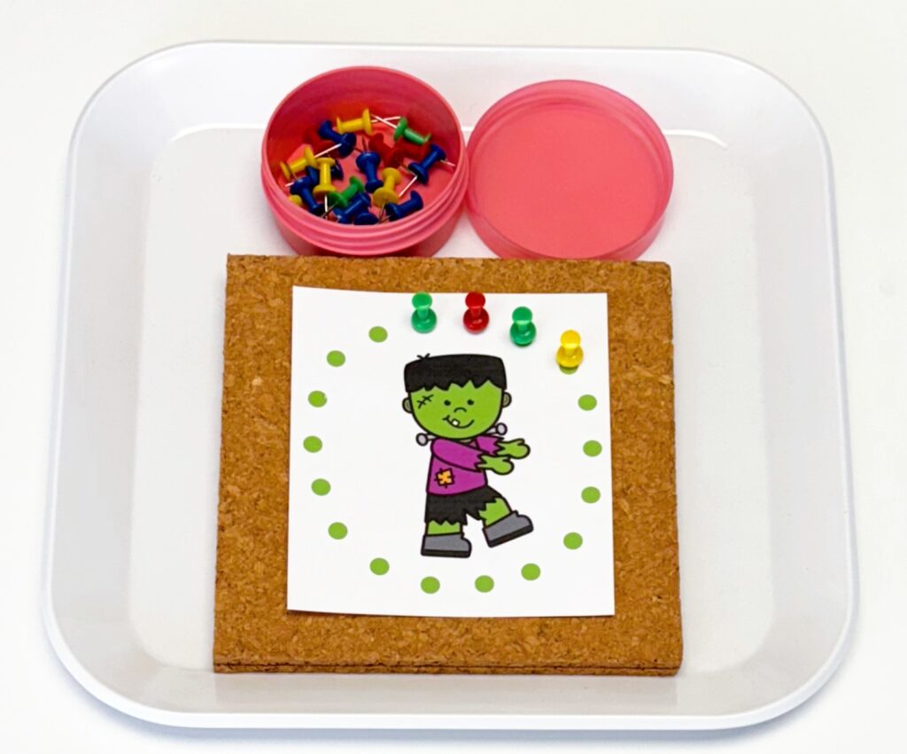Frankenstein themed preschool fine motor activity  