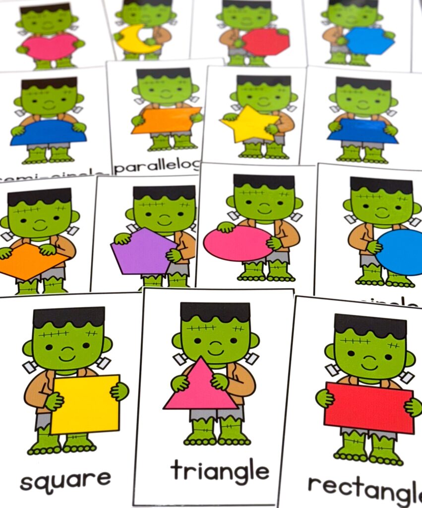 Frankenstein themed preschool shape cards   