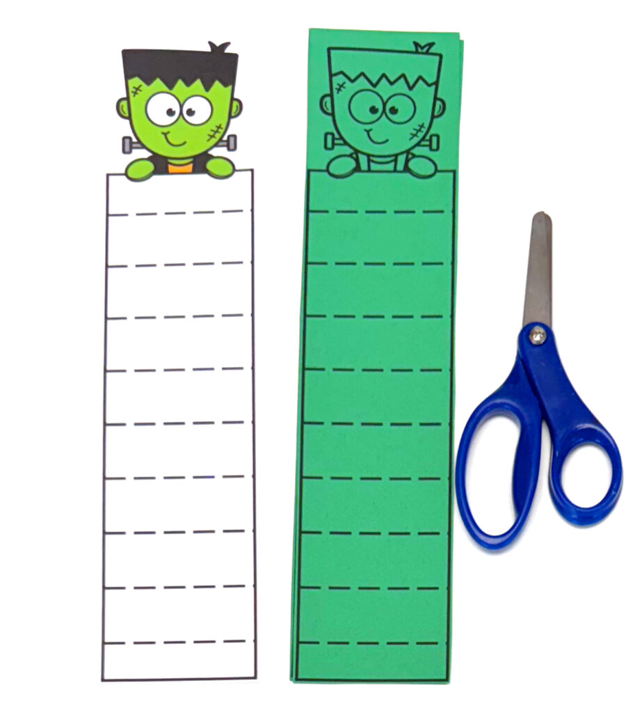 Frankenstein themed preschool cutting practice  