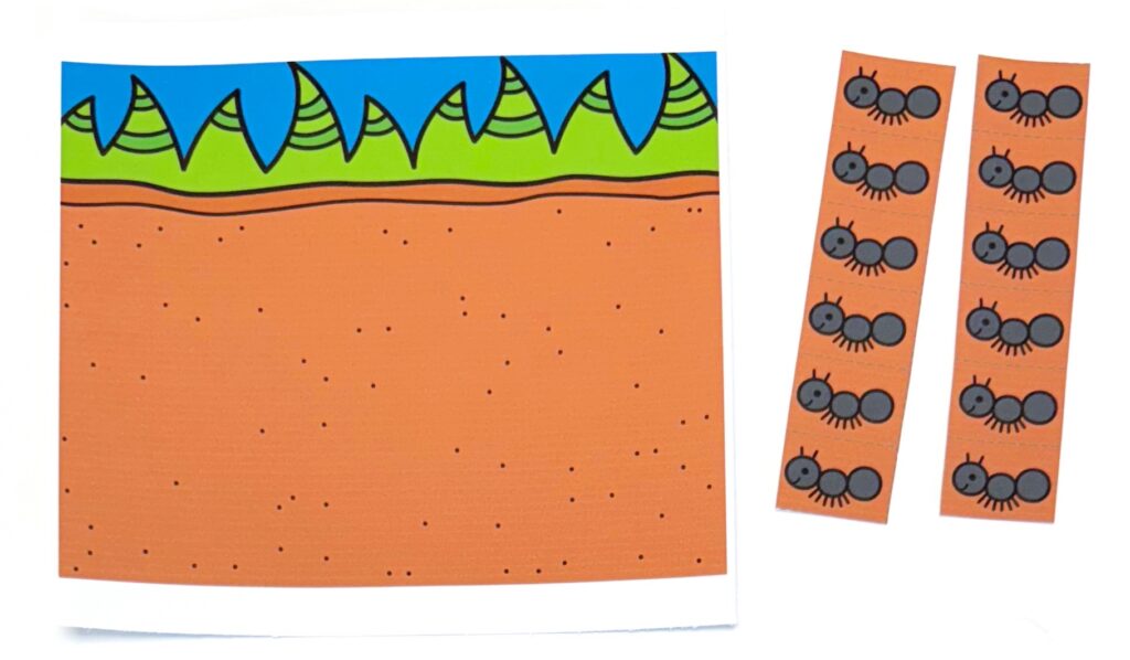 Letter a simple scissor and gluing activity set up with dirt and ants 