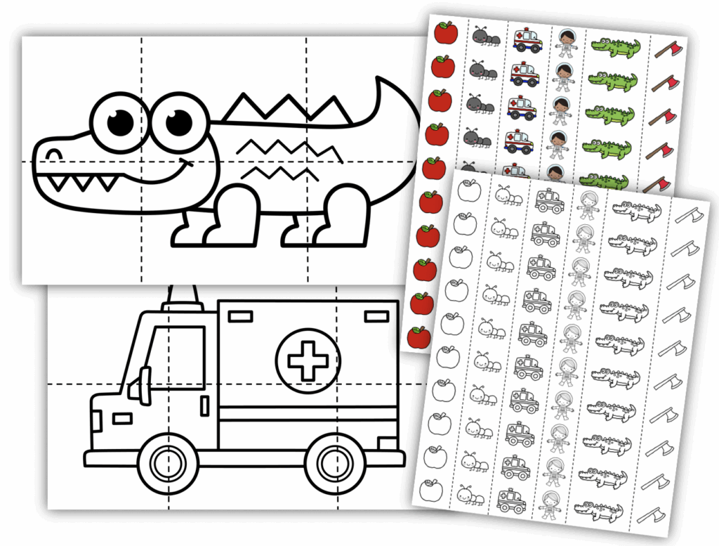 Letter a themed scissor activities including scissor strips and alligator and ambulance 