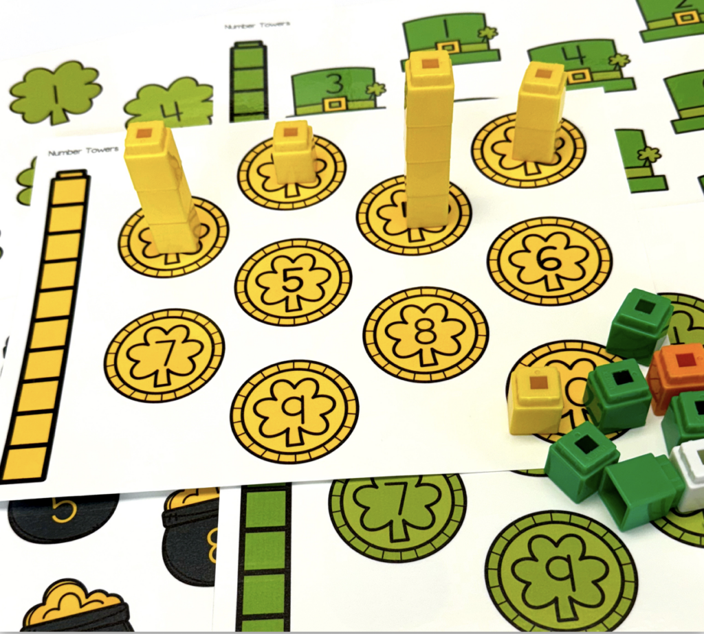 St. Patrick's Day Math Towers with unifix cubes