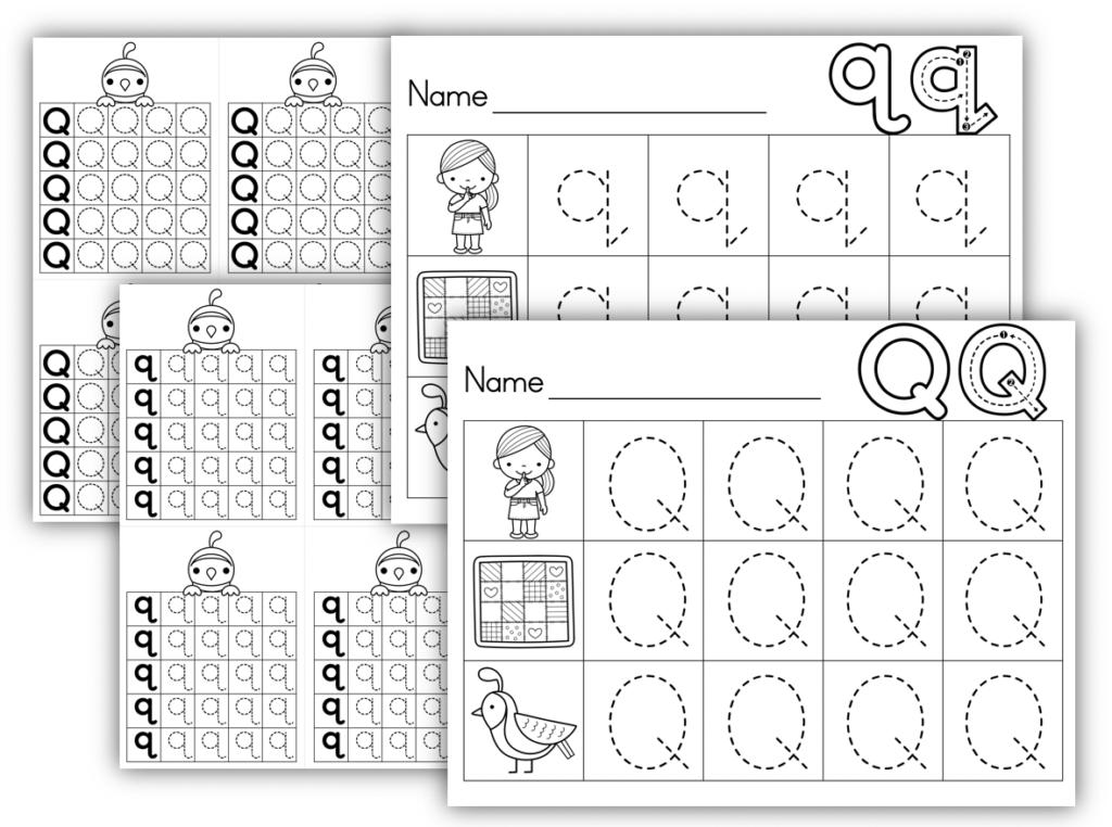 Letter Q formation writing worksheets
